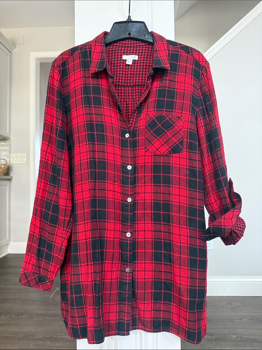 J. Jill Women's Red and Black Plaid Casual Oversized Pockets Button-Down Shirt M